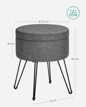 Taburet rotund cu spatiu de depozitare, capac reversibil, picioare metalice, 31x37x45 cm, maxim 130 kg, gri inchis [3]