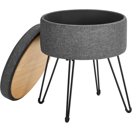 Living & hol - Taburet rotund cu spatiu de depozitare, capac reversibil, picioare metalice, 31x37x45 cm, maxim 130 kg, gri inchis