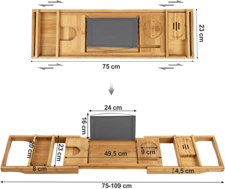 Tava extensibila pentru cada din bambus, cu suport pentru carte, pahar si sapun, (75-109)x23x5 cm, natur [3]