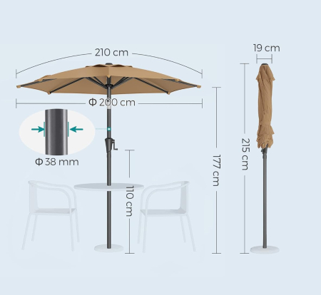 Umbrela de gradina 200 cm, inclinare dubla 30Â°, poliester UPF 50+, cadru metalic, maro taupe [7]