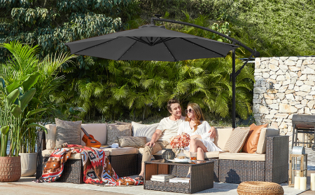 SONGMICS Umbrela de gradina cu brat lateral banana, 300cm, cu iluminare LED solara, gri [1]