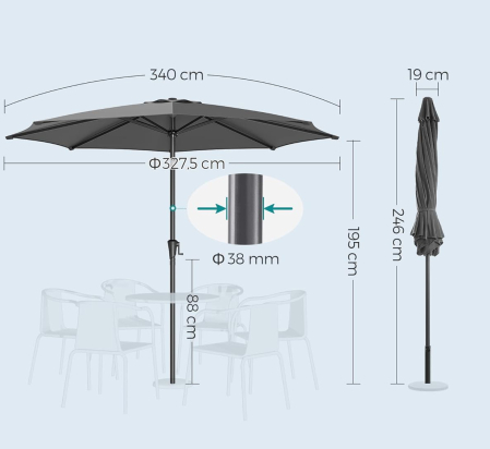 Umbrela de gradina cu manivela, 330 cm, UPF 50+, inclinare 30Â°, structura metalica cu 8 spite, gri [6]