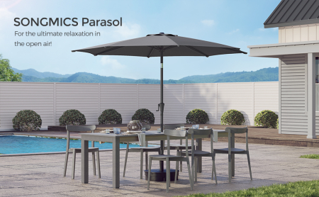 Umbrela gradina cu manivela si sistem inclinare 30, poliester 180g/m2 UPF 50+, stalp metalic, D300 cm, gri [2]