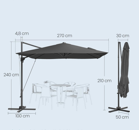 Umbrela de gradina cu manivela tip pendul 270x270 cm, UPF 50+, rotire 360Â°, inclinare reglabila, gri [3]