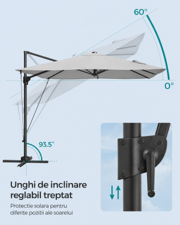 Umbrela de gradina cu manivela tip pendul 270x270 cm, UPF 50+, rotire 360Â°, inclinare reglabila, gri deschis [2]