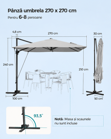 Umbrela de gradina cu manivela tip pendul 270x270 cm, UPF 50+, rotire 360Â°, inclinare reglabila, gri deschis [4]