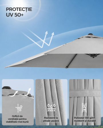 Umbrela de gradina cu manivela tip pendul 270x270 cm, UPF 50+, rotire 360Â°, inclinare reglabila, gri deschis [5]