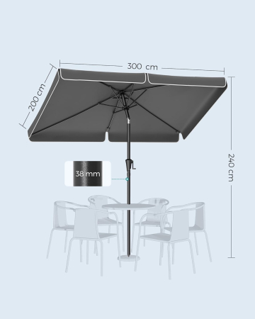 Umbrela de gradina cu manivela, UPF 50+, inclinare 30Â°, structura metalica, 300x200 cm, gri [5]