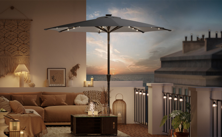 Umbrela de gradina, iluminare LED solara, cu manivela pentru deschidere, sistem inclinare, 300cm, gri [8]