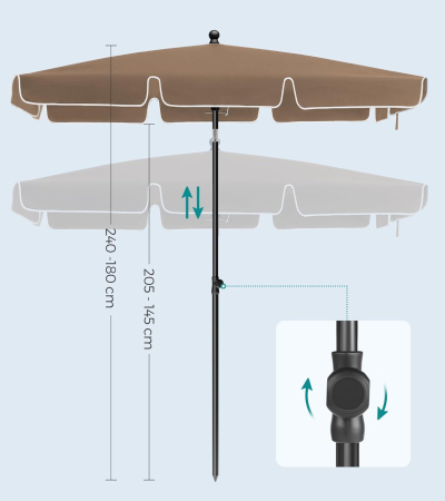 Umbrela terasa gradina sau plaja, cu inclinare 2 directii, protectie UV UPF 50+, husa inclusa, 200x125cm, maro taupe [3]