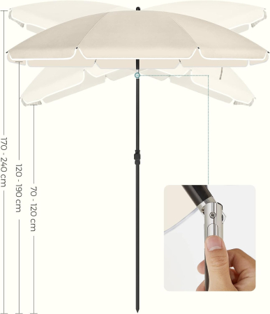 Umbrela terasa sau plaja cu inclinare, protectie UPF 50+, nervuri fibra sticla, husa transport, diametru 200 cm, bej [7]