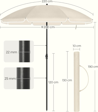 Umbrela terasa sau plaja cu inclinare, protectie UPF 50+, nervuri fibra sticla, husa transport, diametru 200 cm, bej [8]
