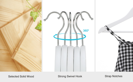 SONGMICS Umerase copii 35x20 cm, set 20 buc, lemn masiv cu bara pentru pantaloni si carlig rotativ, alb [7]