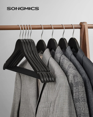 SONGMICS Umerase haine 45x23 cm, set 20 buc, lemn masiv cu bara pentru pantaloni si carlig rotativ, negru [1]
