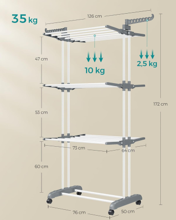 Uscator rufe pliabil 4 niveluri cu aripi laterale si roti, otel inoxidabil, max 35 kg, 126x64x172 cm, alb [1]