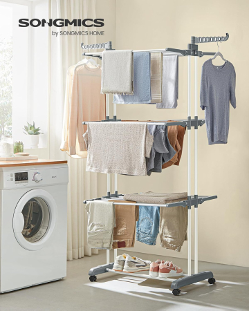 Uscator rufe pliabil 4 niveluri cu aripi laterale si roti, otel inoxidabil, max 35 kg, 126x64x172 cm, alb [6]