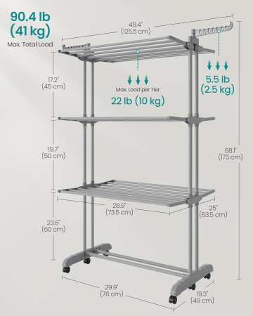 Uscator de rufe pliabil cu 4 niveluri, 6 roti, capacitate 41 kg, 64x126x173 cm, gri [4]