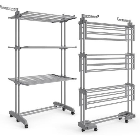 Uscator de rufe pliabil cu 4 niveluri, 6 roti, capacitate 41 kg, 64x126x173 cm, gri [8]