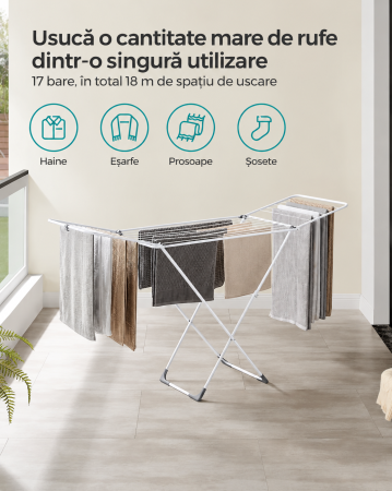 Uscator de rufe pliabil cu aripi si 17 bare, 18 m spatiu de uscare pentru haine, 15 kg, structura din otel rezistenta la coroziune, sistem bl [5]
