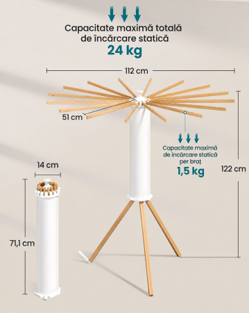 Uscator de rufe pliabil si rotativ din lemn de fag, cu 16 brate extensibile si reglabile individual, structura stabila, sistem de pliere rapi [4]
