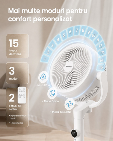Ventilator cu picior reglabil pe inaltime, silentios 20 dB, 24 W, 15 viteze, telecomanda, oscilatie 120  , alb [1]