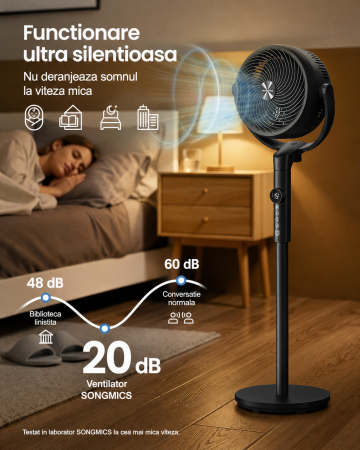 Ventilator cu picior reglabil pe inaltime, silentios 20 dB, 24 W, 15 viteze, telecomanda, oscilatie 120  , negru [4]