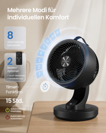 Ventilator de masa silentios cu telecomanda, oscilatie 70  , 8 viteze si afisaj LED, 25x26x38 cm, negru [6]