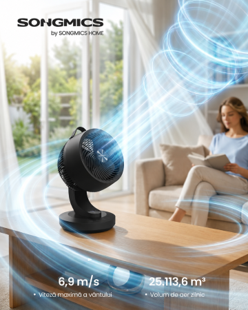 Ventilator de masa silentios cu telecomanda, oscilatie 70  , 8 viteze si afisaj LED, 25x26x38 cm, negru [5]