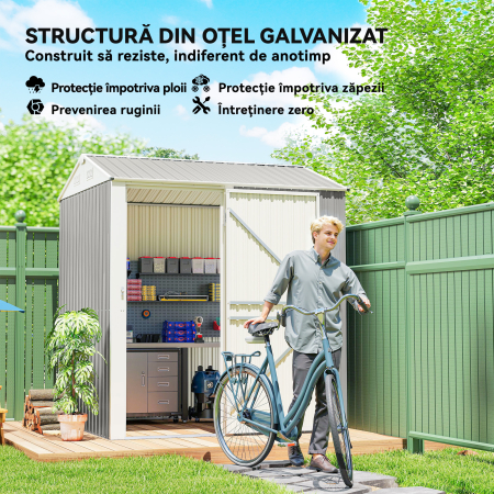  sopron de Gradina inalt de 3.51m² din Otel Galvanizat cu Orificii de Ventilatie, sopron de Gradina cu Usa Blocabila, Acoperis inclinat, Manusi, sopron pentru Unelte, 209x177x236 cm, Gri Argintiu [4]