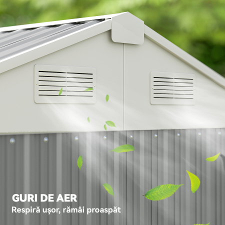  sopron de Gradina inalt de 3.51m² din Otel Galvanizat cu Orificii de Ventilatie, sopron de Gradina cu Usa Blocabila, Acoperis inclinat, Manusi, sopron pentru Unelte, 209x177x236 cm, Gri Argintiu [7]
