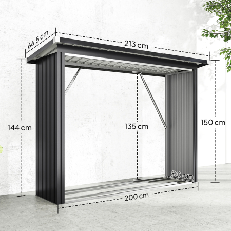  sopron pentru Lemne din Otel de Exterior, Baza Ridicata si Acoperis inclinat, 213x66,5x150 cm, Gri inchis [2]