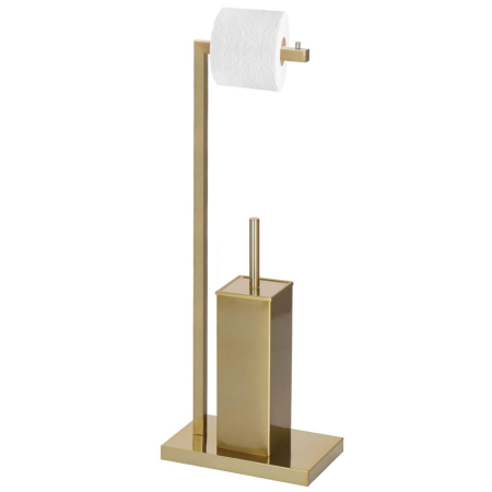 Decoratiuni si articole casa - Stand cu perie WC si suport hartie igienica, metal si bambus, 67cm, auriu