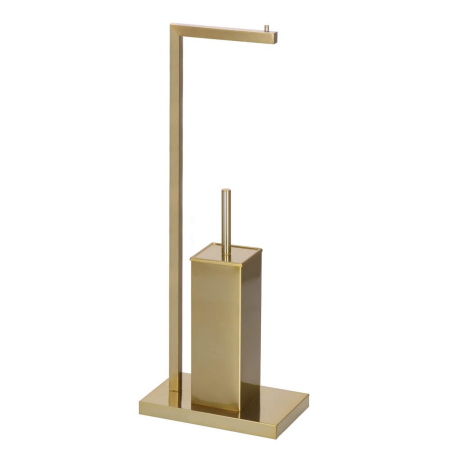 Stand cu perie WC si suport hartie igienica, metal si bambus, 67cm, auriu [4]