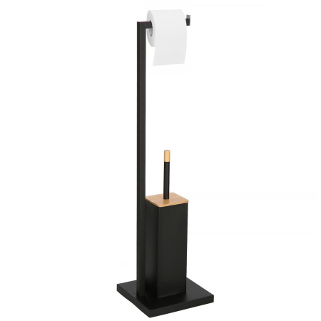 Accesorii baie - Stand cu perie WC si suport hartie igienica, metal si bambus, 79cm, negru