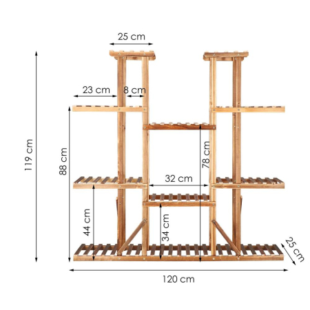 Stand flori din lemn 6 niveluri 15 locuri ghivece, efect antichizat, margini rotunjite, 119x120x25 cm, maro [15]
