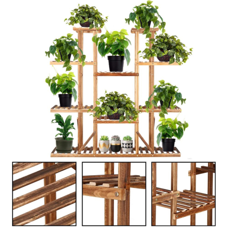 Stand flori din lemn 6 niveluri 15 locuri ghivece, efect antichizat, margini rotunjite, 119x120x25 cm, maro [14]