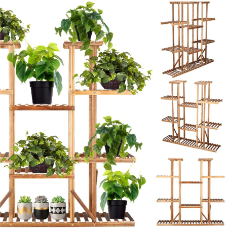 Stand flori din lemn 6 niveluri 15 locuri ghivece, efect antichizat, margini rotunjite, 119x120x25 cm, maro [3]