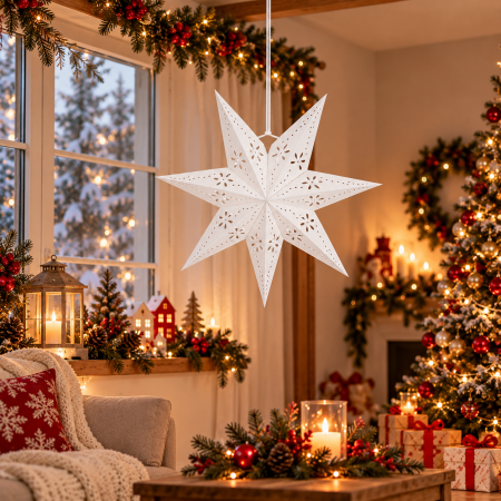 Stea decorativa 3D din hartie ajurata, 50 cm, alba [13]