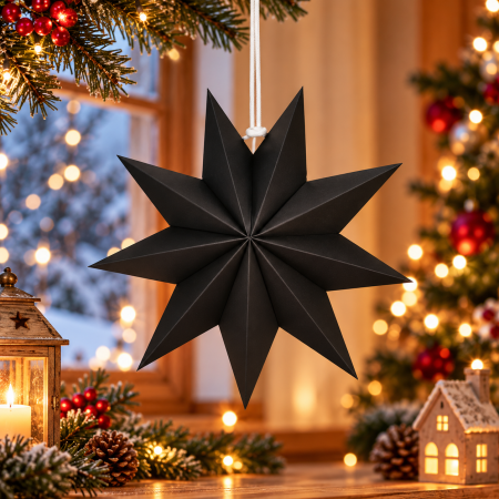 Decoratiuni Craciun - Stea decorativa 3D din hartie, cu 9 colturi, 30 cm, neagra