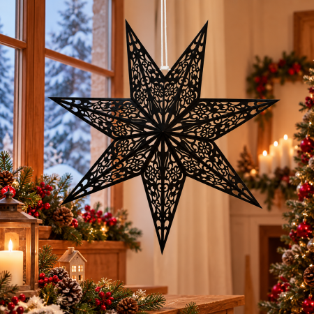 Stea decorativa 3D din hartie si pasla ajurata, 50 cm, neagra [15]