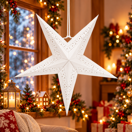Living & hol - Stea decorativa de Craciun 3D, 5 varfuri, pliabila, 60 cm, alb