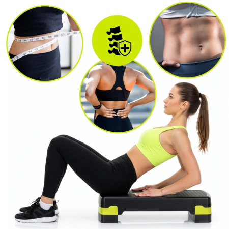 Stepper aerobic ajustabil 2 trepte antiderapant maxim 350 kg, 68x29x15 cm, fitness, negru verde [14]