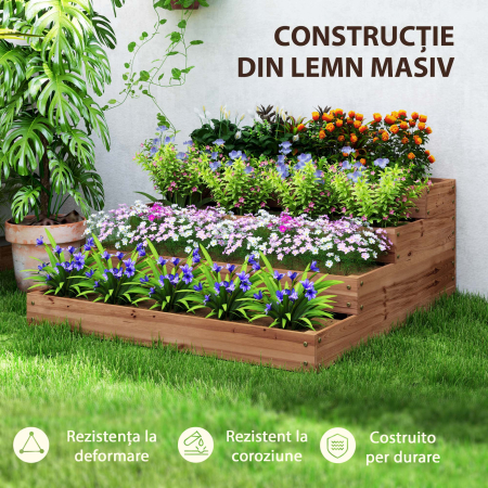  Strat inaltat de Gradina cu 4 Niveluri, Jardiniera de Balcon cu Baza Deschisa si Captuseala, 113x113x46 cm, Maro [5]