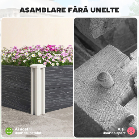  Strat inaltat pentru Gradina din Vinil, 102x102x33 cm, Kit Modular cu Picioare imbinabile si Baza Deschisa, Ghiveci pentru Culturi de Flori, Ierburi si Legume, Gri inchis [3]