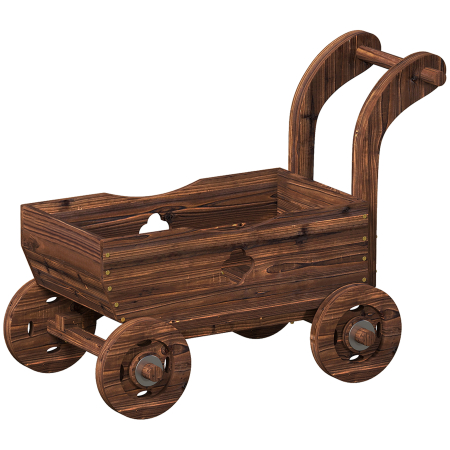 Suporturi flori si ghivece -  Strat inaltat pentru Gradina in Forma de Carucior cu 4 Roti si Maner, Ghiveci din Lemn de Molid cu Gauri de Drenaj, pentru Balcon, Terasa, 68x38x52 cm, Finisaj Carbonizat
