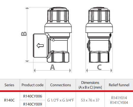 Supapa de siguranta solara Giacomini R140CY009, 6 bar, filet interior 1/2” x  3/4”, pentru instalatii termice si panouri solare, alama [1]