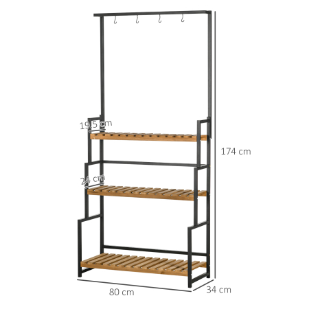  Suport de flori cu 3 niveluri cu carlige din lemn de brad si metal pentru interior si exterior, 80x36x174 cm, culoare negru si lemn [2]