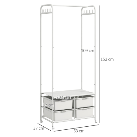 Suport de Haine cu Dulap pentru Pantofi, 4 Cosuri si 8 Carlige, din Otel si Plastic, 63x37x153 cm, Alb [2]