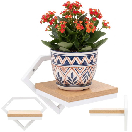 Suport de perete pentru ghiveci si plante decorative, cu polita din MDF si structura metalica rezistenta, montaj usor cu accesorii incluse, maxim 10 k [16]