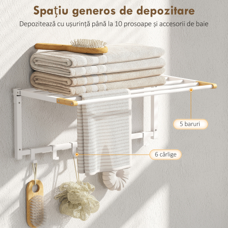  Suport de Prosoape de Perete Pliabil cu 5 Bare si 6 Carlige din Lemn si Otel [3]